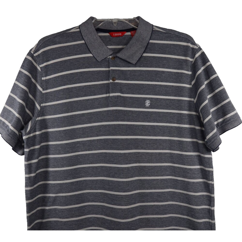 Izod Polo Shirt Men's Size XL Navy & Gray Striped Cotton Casual Stretch